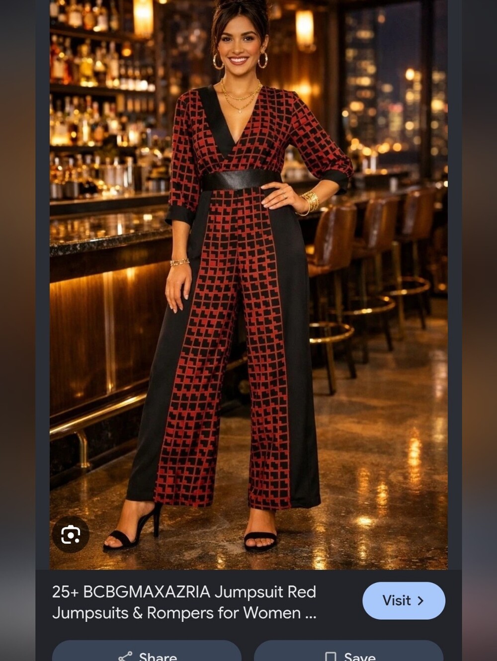 BCBGMaxAzria Red and Black Patterned V-Neck Jumpsuit